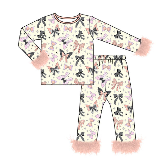 preorder GLP3386 Halloween Bows Pink Fur Long Sleeve Pants Girls Pajamas