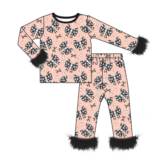 preorder GLP3387 Halloween Bows Black Fur Long Sleeve Pants Girls Pajamas