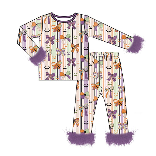 preorder GLP3389 Halloween Bows Orange Fur Long Sleeve Pants Girls Pajamas