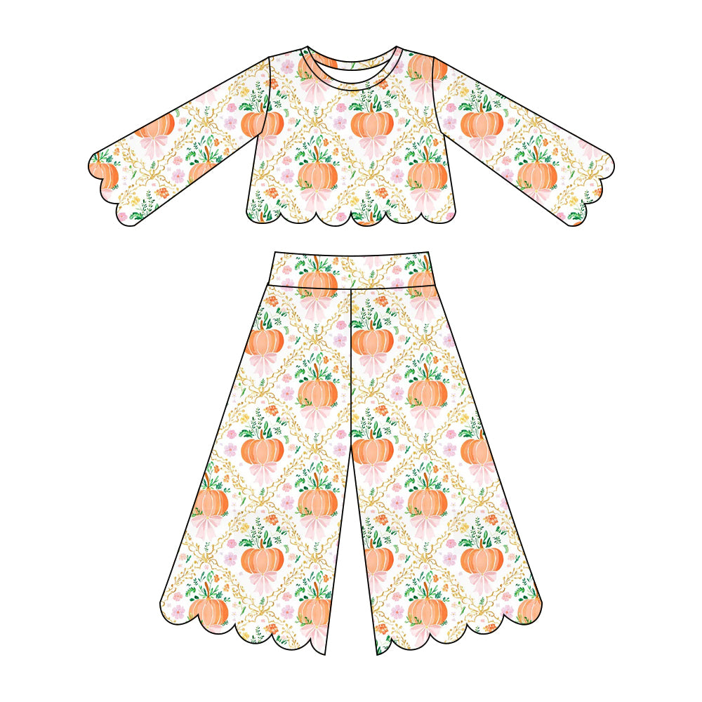 preorder GLP3391 Scallop Pumpkin Bows Long Sleeve Pants Girls Set