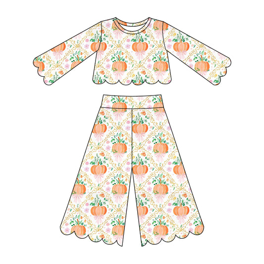 preorder GLP3391 Scallop Pumpkin Bows Long Sleeve Pants Girls Set