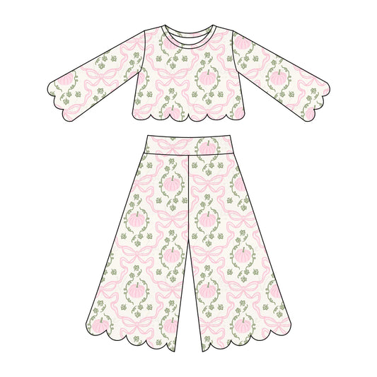 preorder GLP3392 Scallop Pumpkin Bows Long Sleeve Pants Girls Set