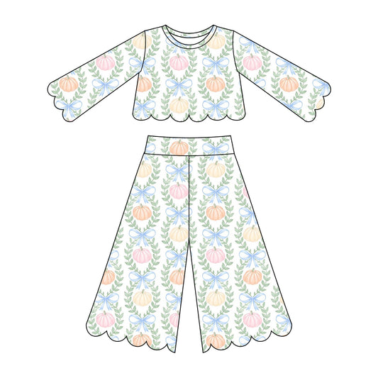 preorder GLP3395 Scallop Pumpkin Bows Long Sleeve Pants Girls Set