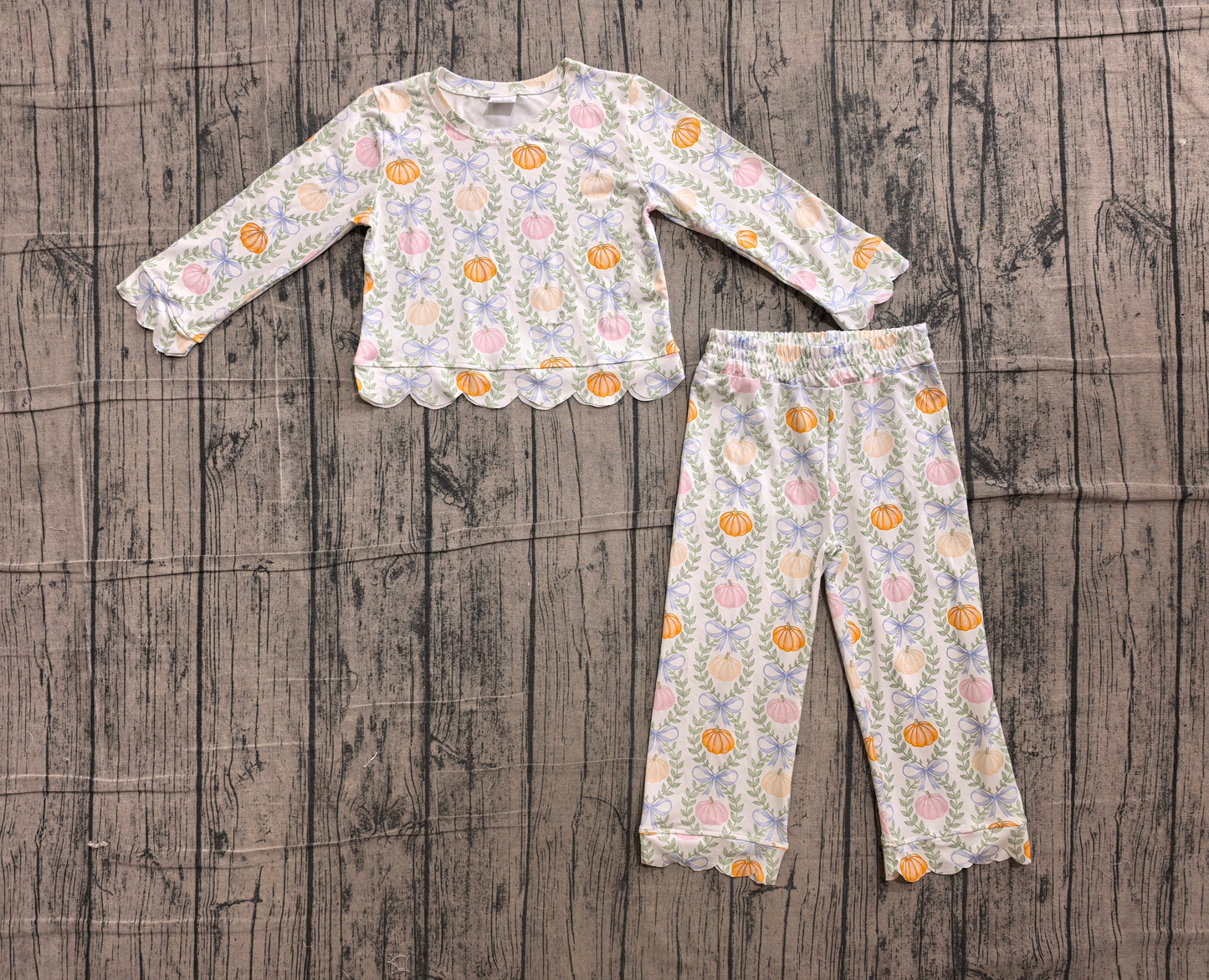 preorder Samples GLP3395 Scallop Pumpkin Bows Long Sleeve Pants Girls Set