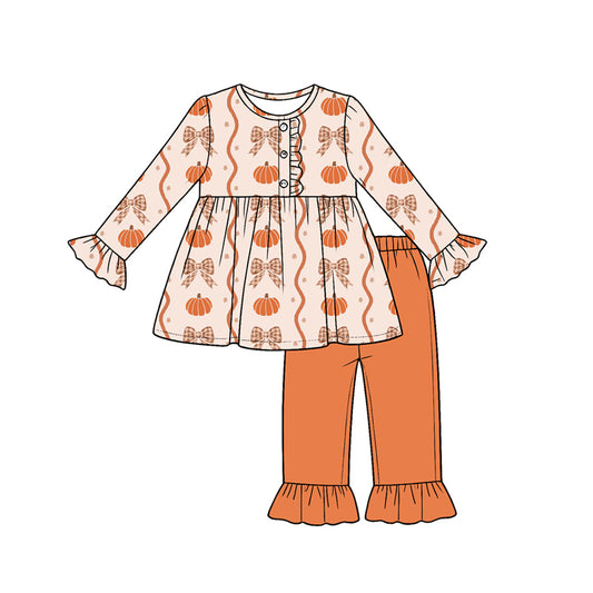 preorder GLP3396 Pumpkin Bows Long Sleeve Orange Pants Girls Set