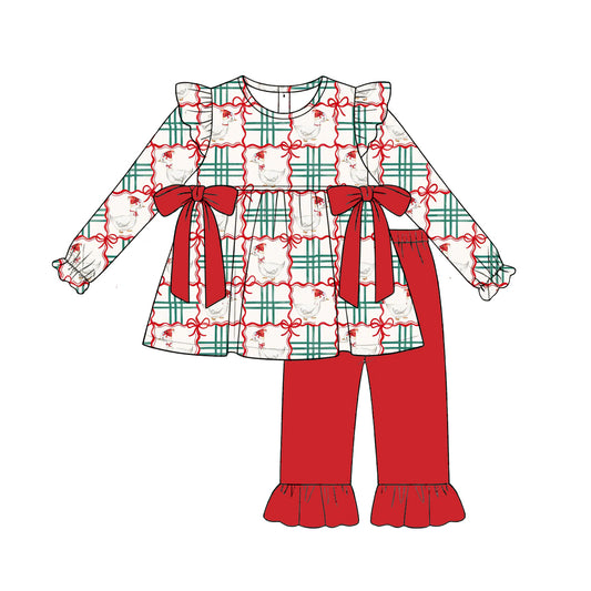 preorder GLP3406 Merry Christmas Goose Bows Long Sleeve Red Pants Girls Set
