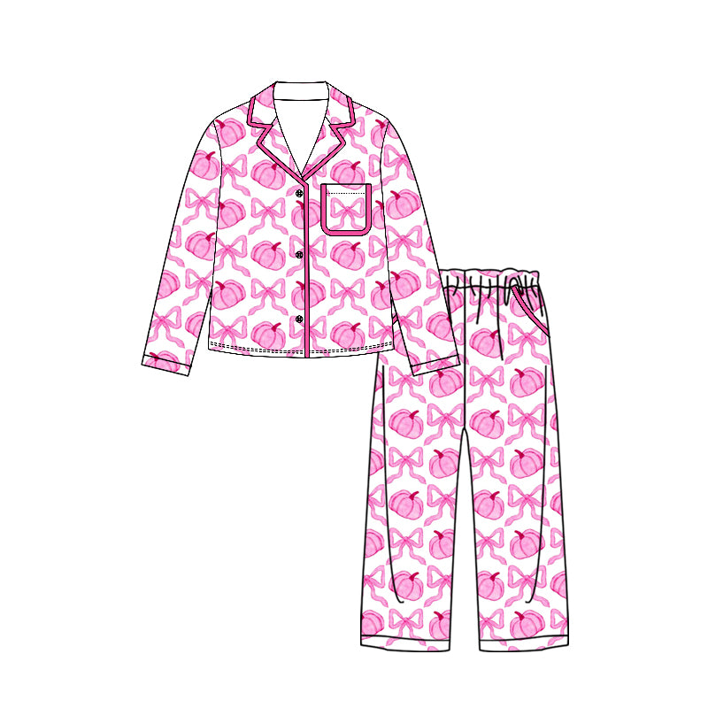 preorder GLP3423 Hot Pink Pumpkin Bows Long Sleeve Pants Adult Women Pajamas