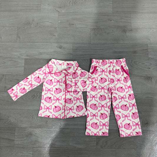 preorder Samples GLP3423 Hot Pink Pumpkin Bows Long Sleeve Pants Adult Women Pajamas
