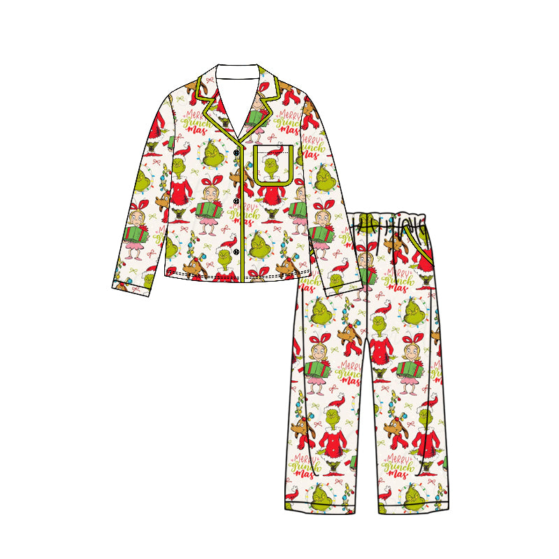 preorder GLP3425 Merry Christmas Green Face Long Sleeve Pants Adult Women Pajamas