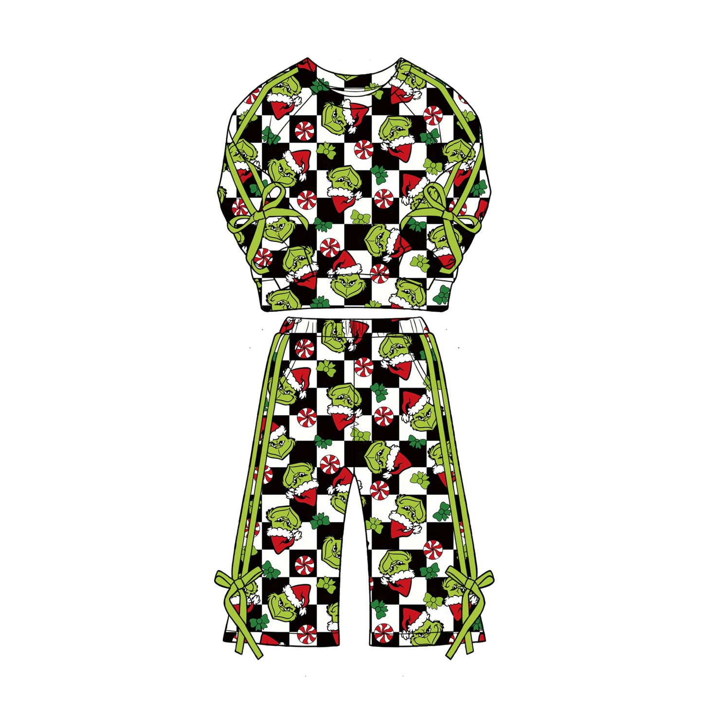preorder GLP3430 Chritmas Green Face Checkered Bows Long Sleeve Pants Girls Set