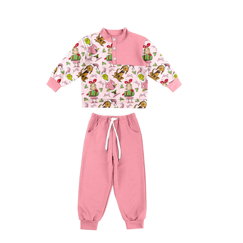preorder GLP3431 Christmas Green Face Pink Long Sleeve Pants Girls Set