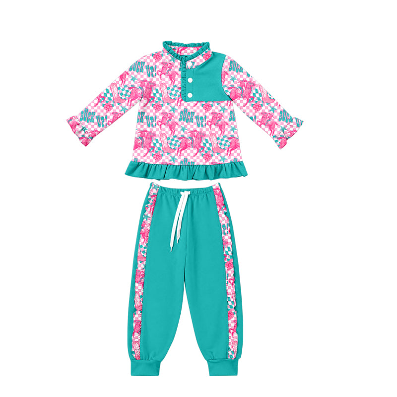preorder GLP3433 Western Rodeo Checkered Long Sleeve Pants Girls Set