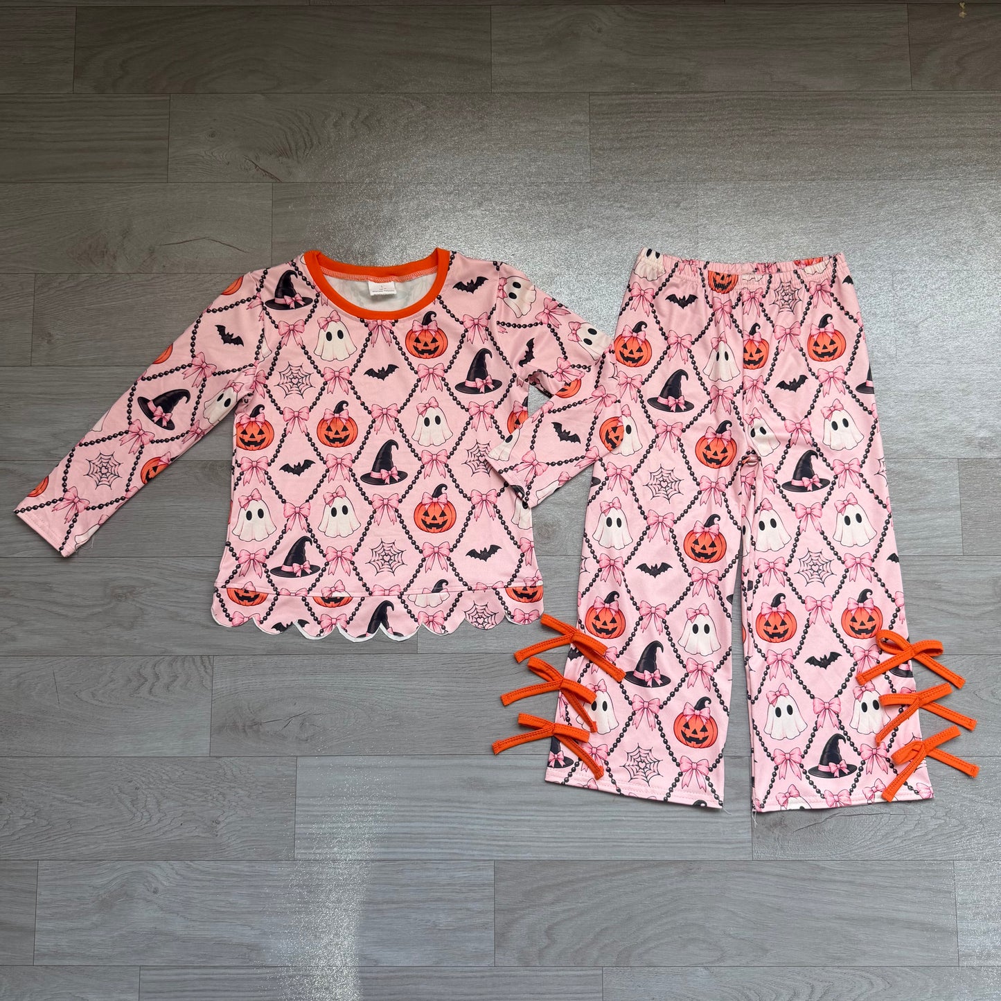 preorder Samples GLP3434 Halloween Bows Spooky Pumpkin Pink Long Sleeve Pants Girls Set