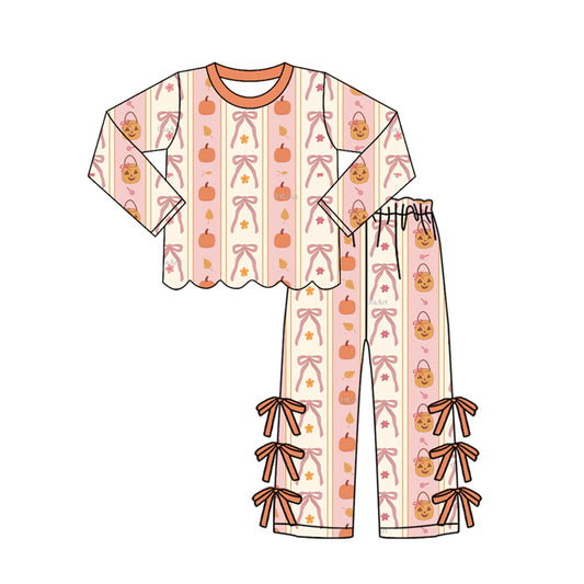 preorder GLP3436 Halloween Pumpkin Bows Pink Long Sleeve Pants Girls Set