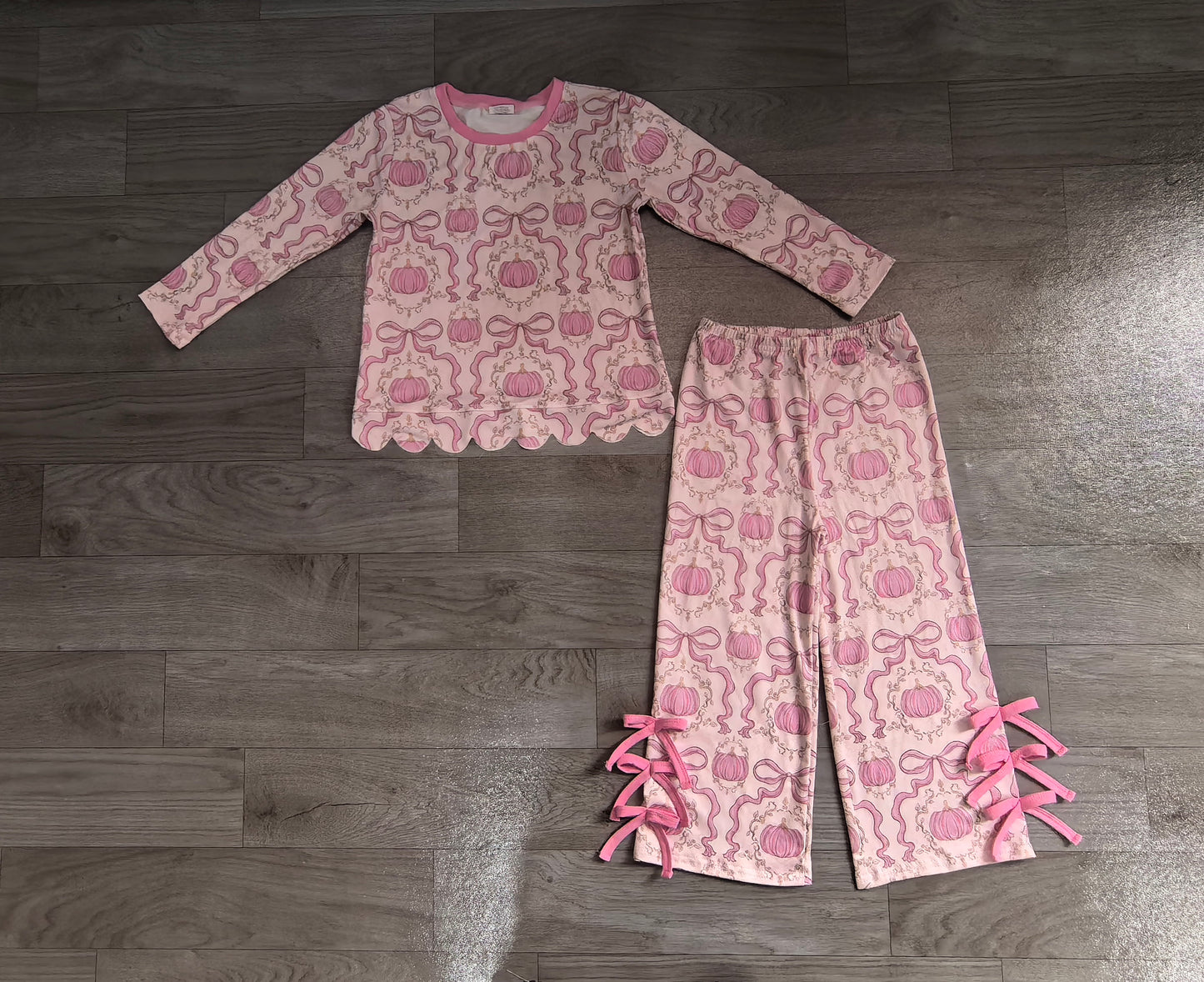 preorder Samples GLP3437 Pumpkin Bows Pink Long Sleeve Pants Girls Set