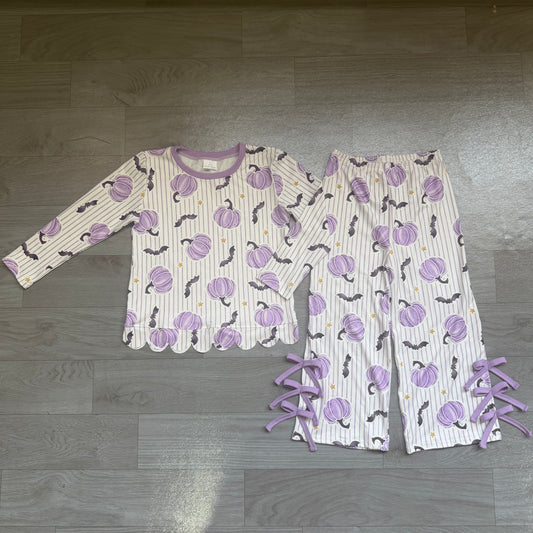GLP3438 Halloween Pumpkin Bat Purple Long Sleeve Pants Girls Set