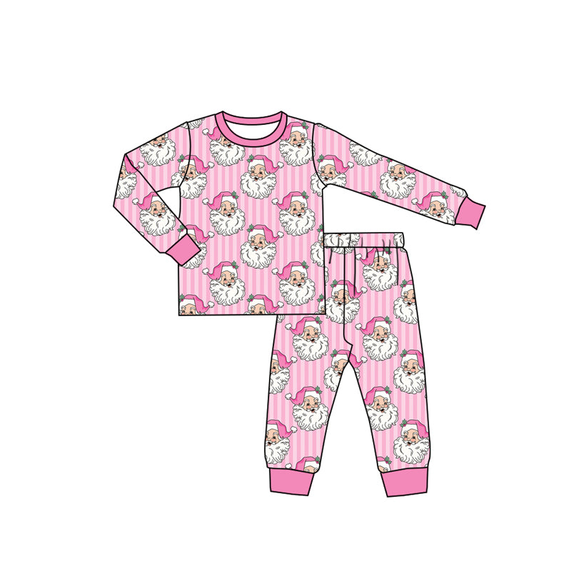 preorder GLP3440 Christmas Santa Pink Striped Long Sleeve Pants Girls Pajamas