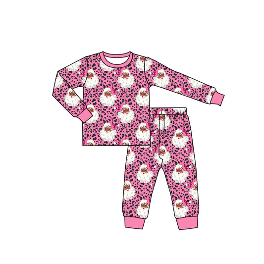 preorder GLP3442 Christmas Santa Pink Leopard Long Sleeve Pants Girls Pajamas