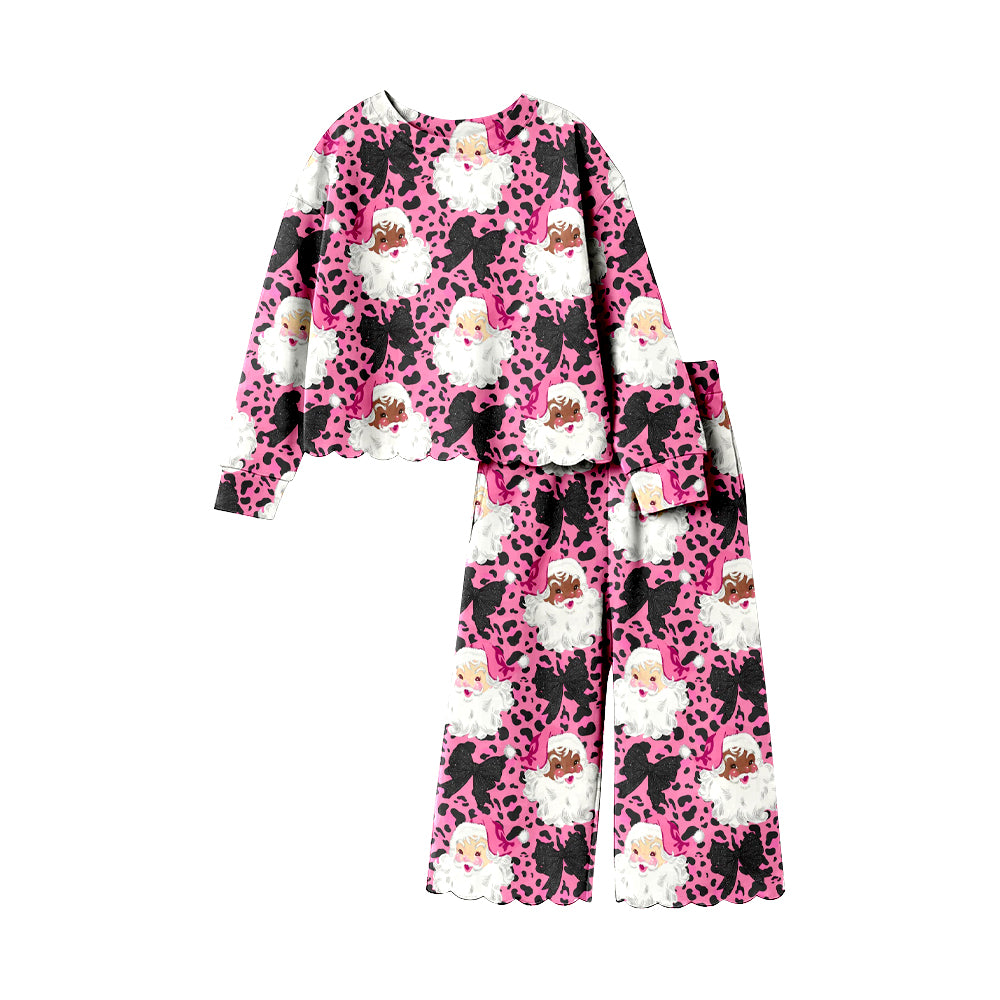 preorder GLP3446 Christmas Santa Leopard Bows Long Sleeve Pants Girls Set