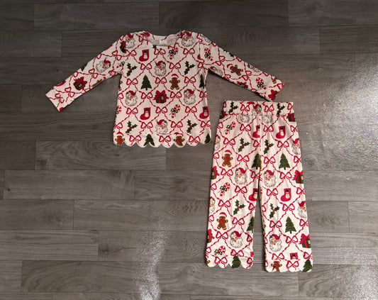 preorder Samples GLP3447 Christmas Santa Tree Bows Long Sleeve Pants Girls Set
