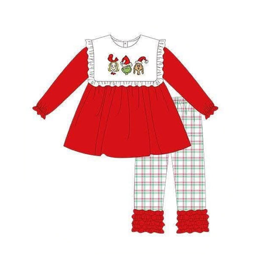 preorder GLP3449 Christmas Green Face Red Long Sleeve Pants Girls Set