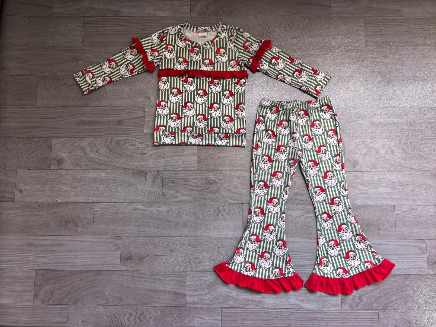 preorder Samples GLP3452 Christmas Santa Green Striped Long Sleeve Pants Girls Set