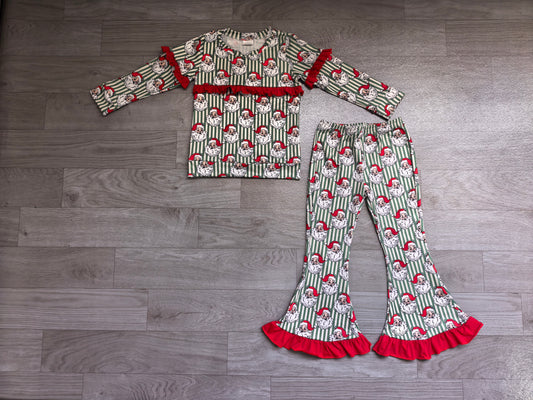 preorder Samples GLP3452 Christmas Santa Green Striped Long Sleeve Pants Girls Set