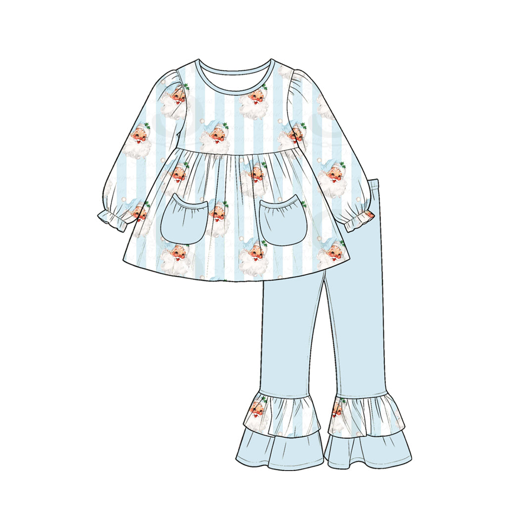 preorder GLP3455 Christmas Santa Pockets Long Sleeve Blue Pants Girls Set