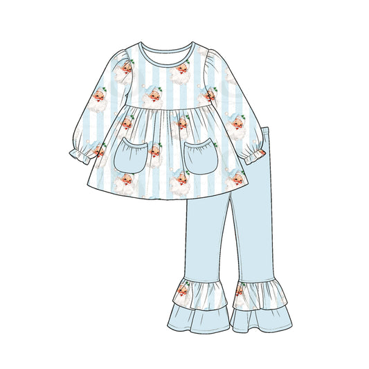 preorder GLP3455 Christmas Santa Pockets Long Sleeve Blue Pants Girls Set