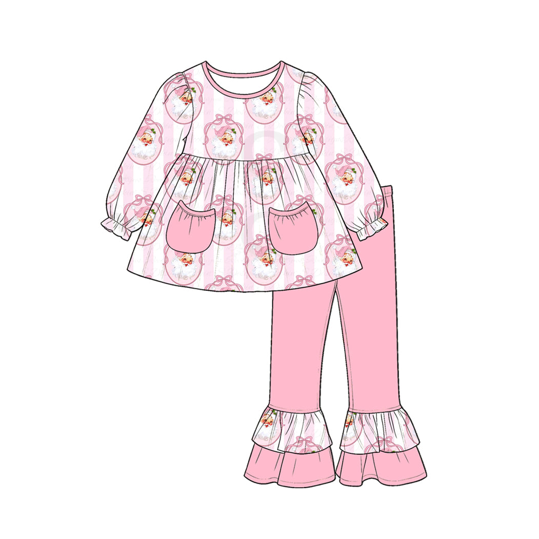 preorder GLP3456 Christmas Santa Pockets Long Sleeve Pink Pants Girls Set