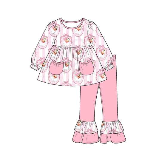 preorder GLP3456 Christmas Santa Pockets Long Sleeve Pink Pants Girls Set