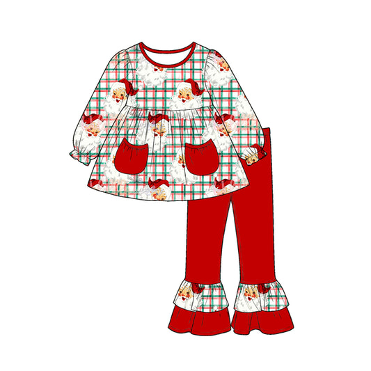 preorder GLP3457 Christmas Santa Pockets Long Sleeve Red Pants Girls Set