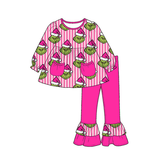 preorder GLP3458 Christmas Green Face Pockets Long Sleeve Hot Pink Pants Girls Set