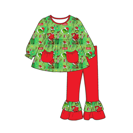 preorder GLP3459 Christmas Green Face Pockets Long Sleeve Red Pants Girls Set
