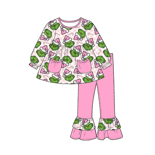 preorder GLP3460 Christmas Green Face Pockets Long Sleeve Pink Pants Girls Set
