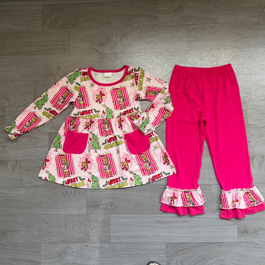 preorder Samples GLP3461 Christmas Green Face Pockets Long Sleeve Hot Pink Pants Girls Set