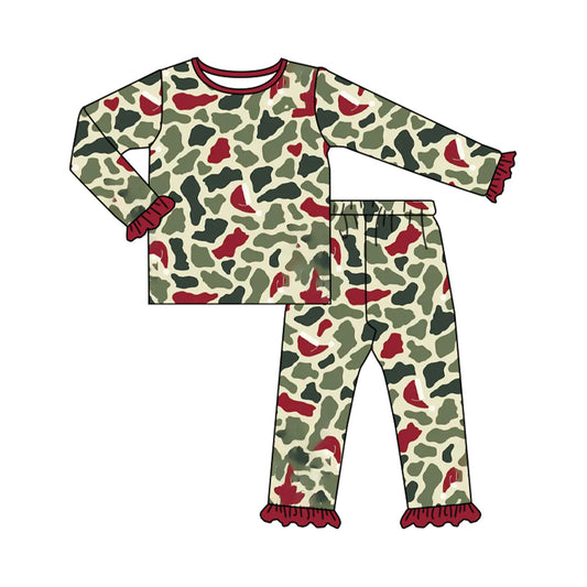 preorder GLP3462 Christmas Green Red Camo Long Sleeve Pants Girls Pajamas