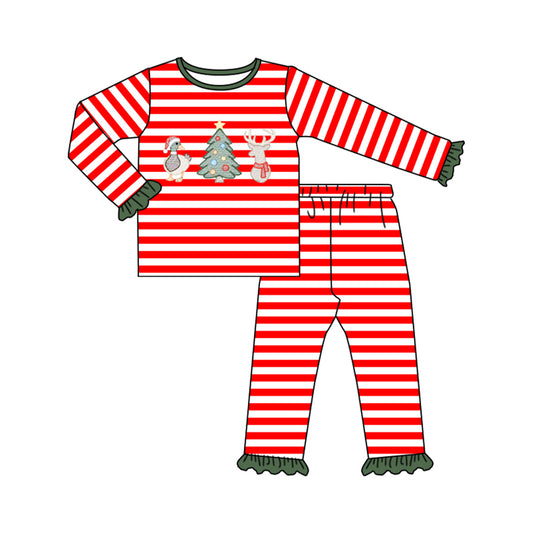 preorder GLP3468 Christmas Tree Red Striped Long Sleeve Pants Girls Pajamas