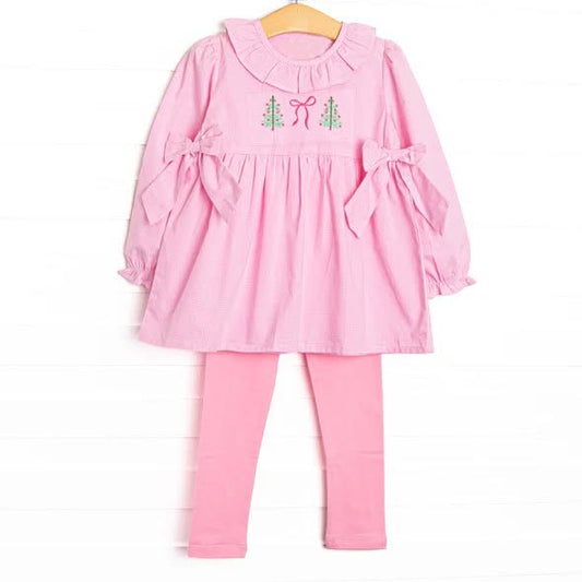 preorder GLP3469 Christmas Tree Bow Pink Long Sleeve Pants Girls Set