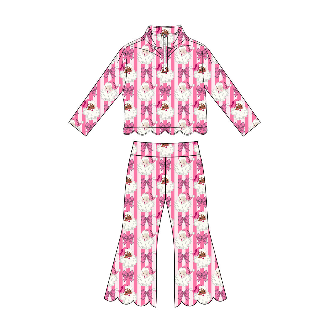 preorder GLP3477 Scallop Christmas Santa Bow Striped Zipper Long Sleeve Pants Girls Set