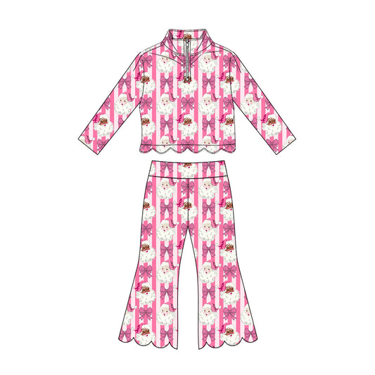 preorder GLP3477 Scallop Christmas Santa Bow Striped Zipper Long Sleeve Pants Girls Set