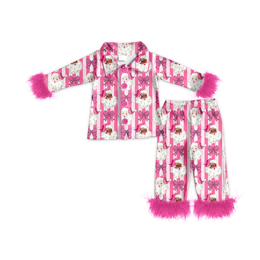 preorder GLP3478 Christmas Santa Bows Striped Fur Long Sleeve Pants Girls Pajamas
