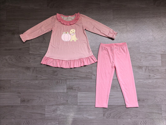 preorder Samples GLP3480 Pumpkin Dog Pink Striped Long Sleeve Pants Girls Set