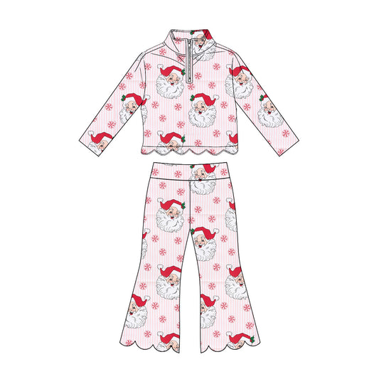 preorder GLP3481 Scallop Christmas Santa Pink Zipper Long Sleeve Pants Girls Set