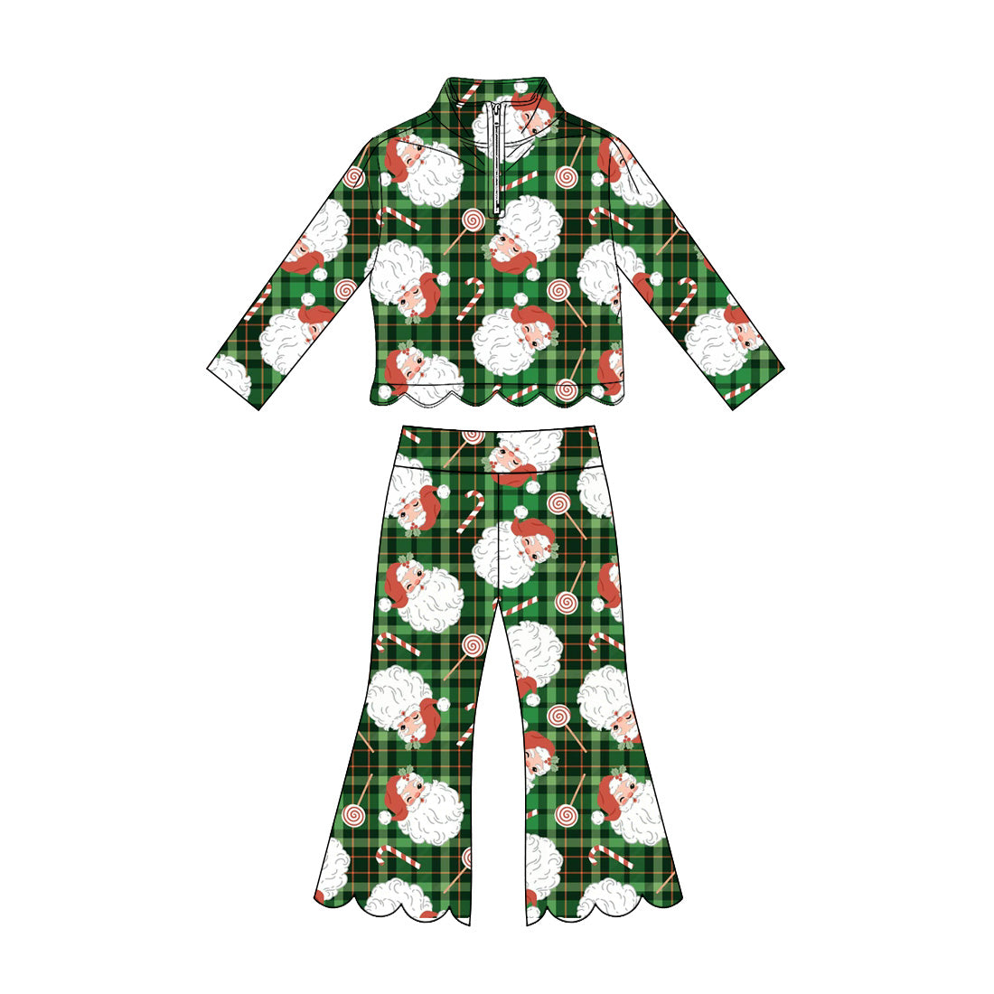 preorder GLP3482 Scallop Christmas Santa Green Zipper Long Sleeve Pants Girls Set