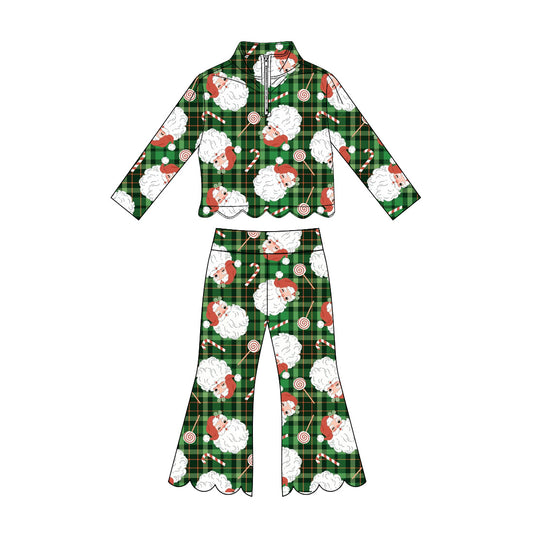 preorder GLP3482 Scallop Christmas Santa Green Zipper Long Sleeve Pants Girls Set