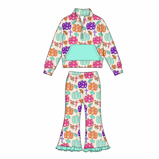preorder GLP3483 Easter Cross Pumpkin Pocket Zipper Long Sleeve Pants Girls Set