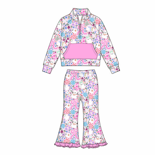 preorder GLP3484 Halloween Spooky Flowers Bows Pocket Zipper Long Sleeve Pants Girls Set