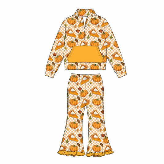 preorder GLP3485 Thanksgiving Orange Pie Pumpkin Pocket Zipper Long Sleeve Pants Girls Set