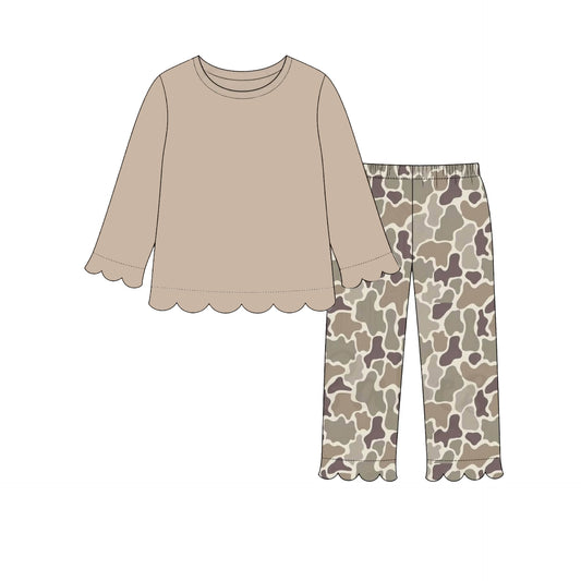 preorder GLP3487 Scallop Khaki Long Sleeve Camo Pants Girls Set